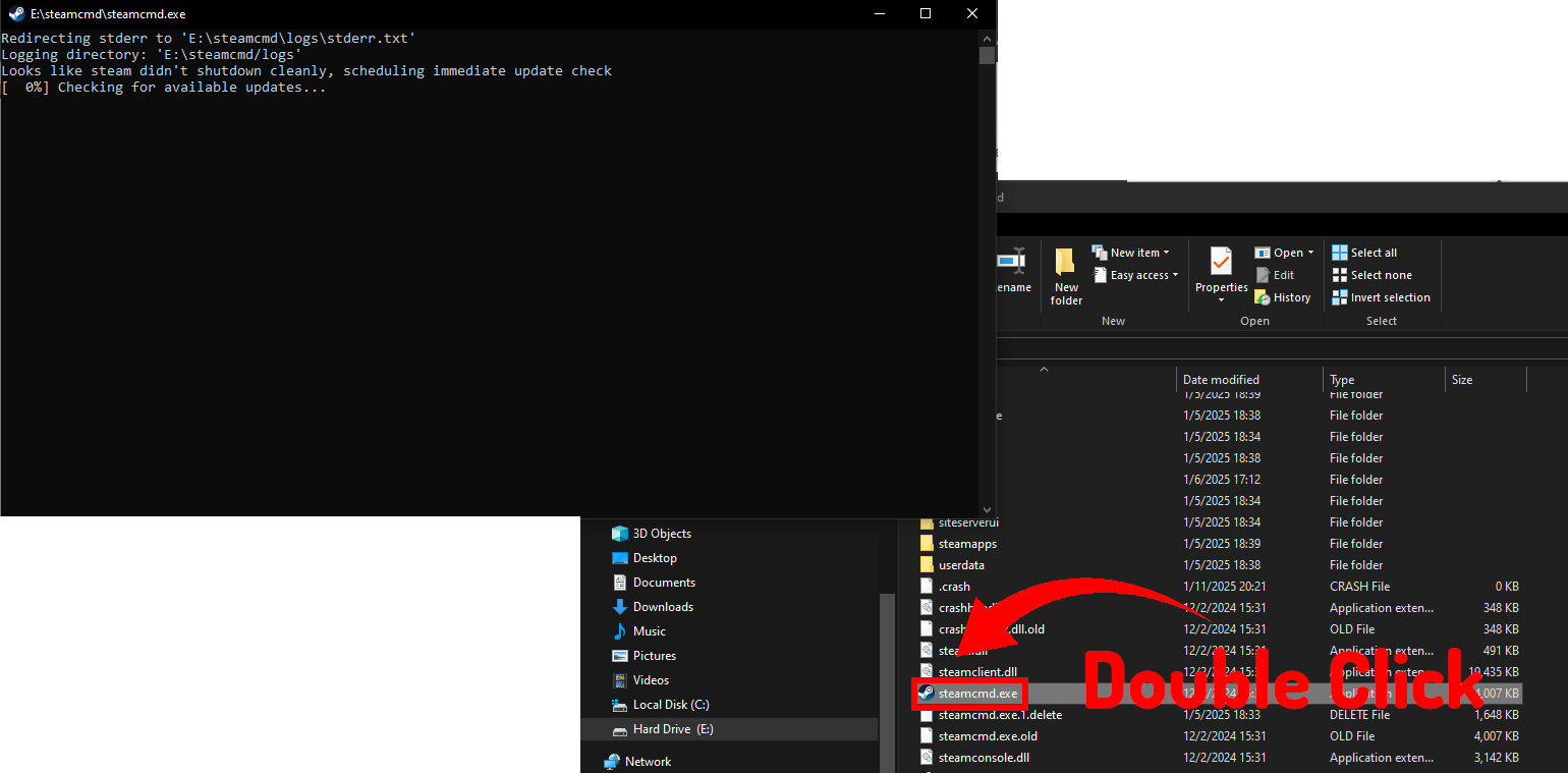Double click steamcmd.exe (highlighted in red)