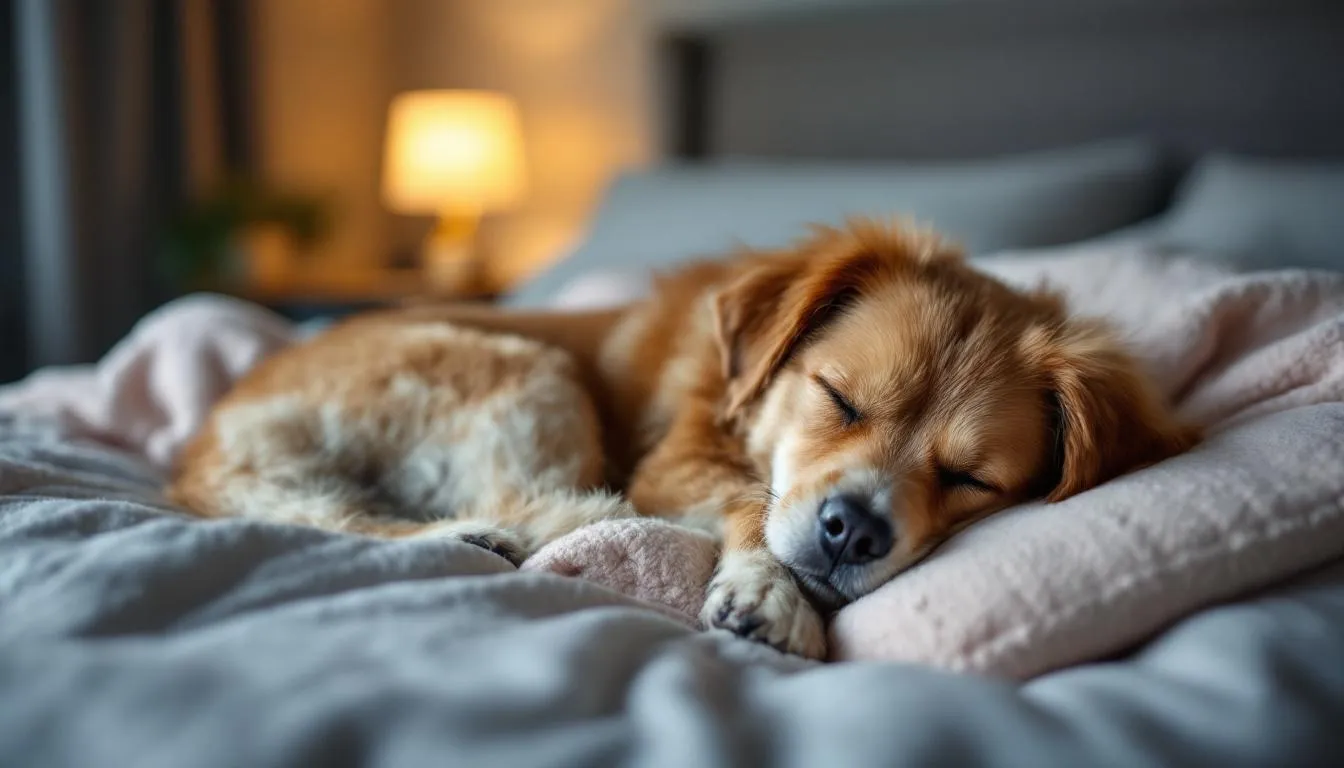 A peaceful dog is curled up in its comfortable bed, with closed eyelids and a relaxed posture, occasionally twitching in its sleep, suggesting it may be dreaming. The dog