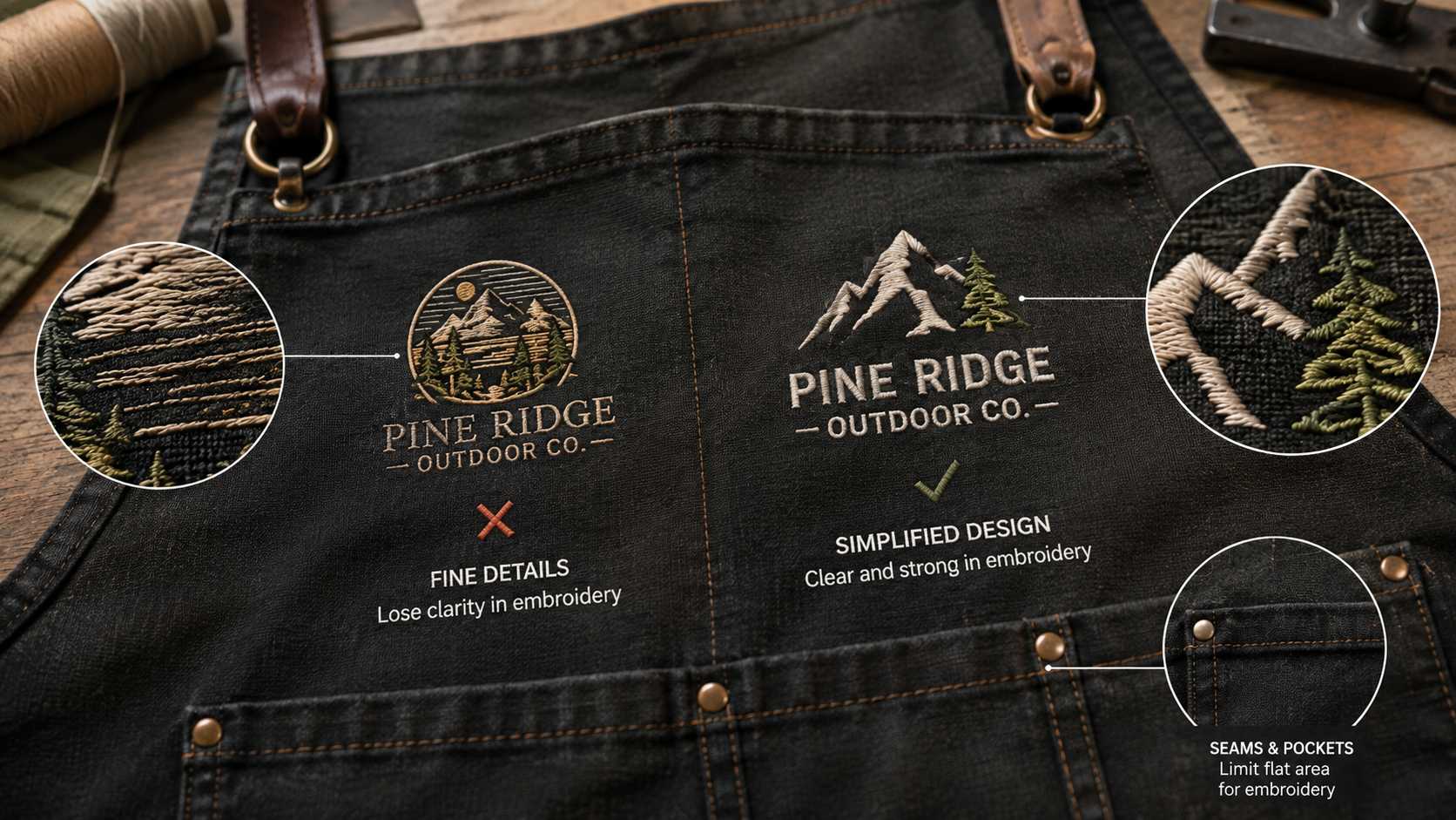 Comparison of detailed and simplified embroidered logos on a canvas apron showing how fine artwork can lose clarity in stitching.