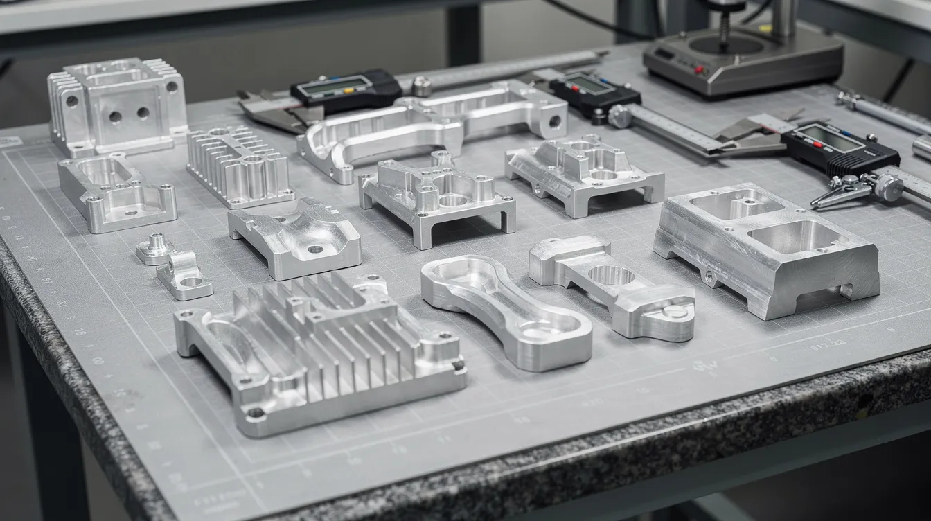 The image features a variety of CNC-machined aluminum aerospace and electronics components meticulously arranged on an industrial inspection table, showcasing their precision and quality. These anodized aluminum parts exemplify the durability and corrosion resistance essential for demanding applications in the aerospace industry.