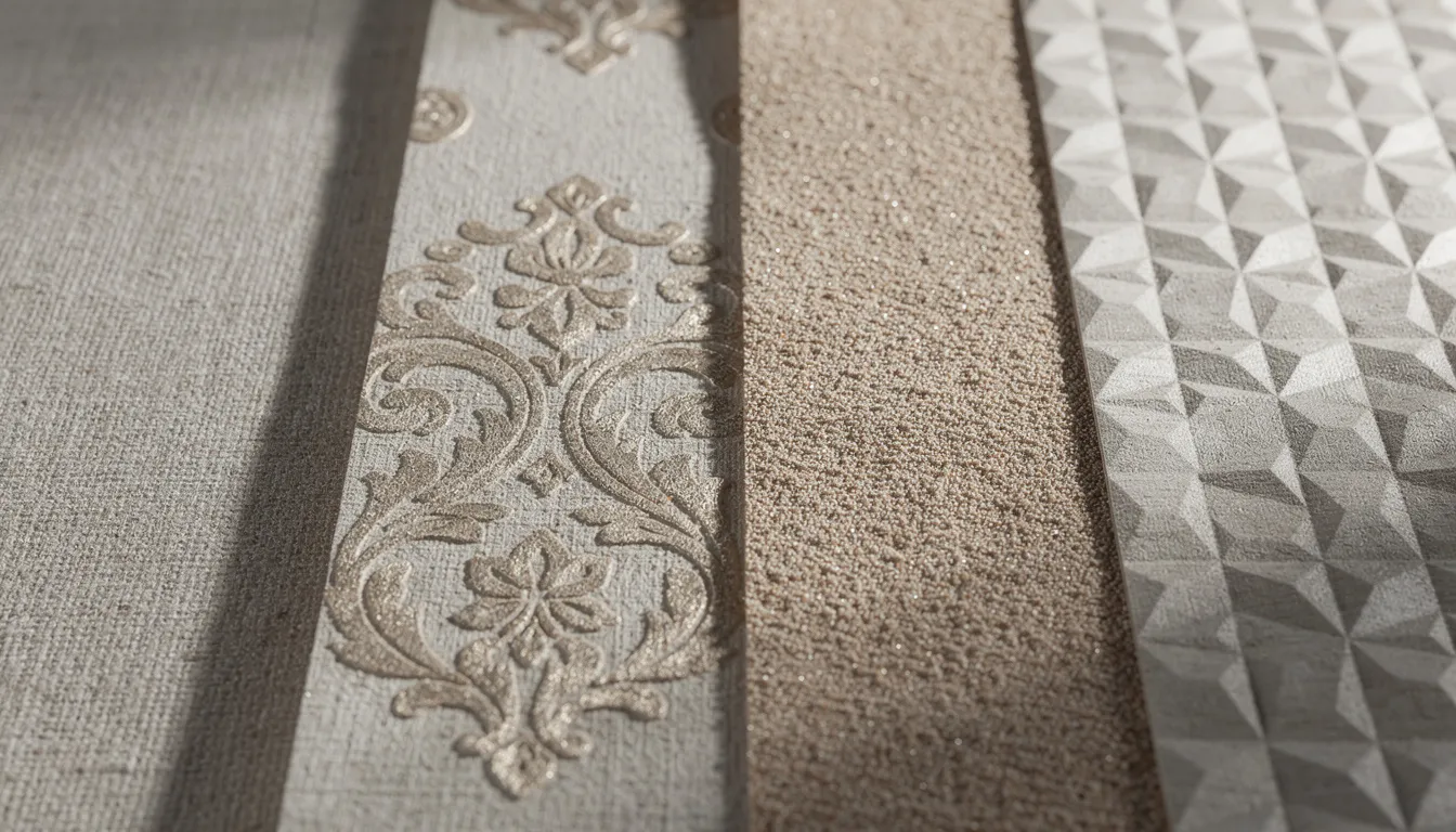 Luxe behang: stijlvolle muurbekleding voor elke woonruimte Deze close-up toont een assortiment van verschillende behangstructuren, waaronder klassiek, vinyl en luxe behang, met zichtbare texturen en reliëf die een elegante uitstraling aan jouw interieur geven. De variatie in patronen en materialen biedt inspiratie voor het creëren van een persoonlijke stijl in elke woonruimte.