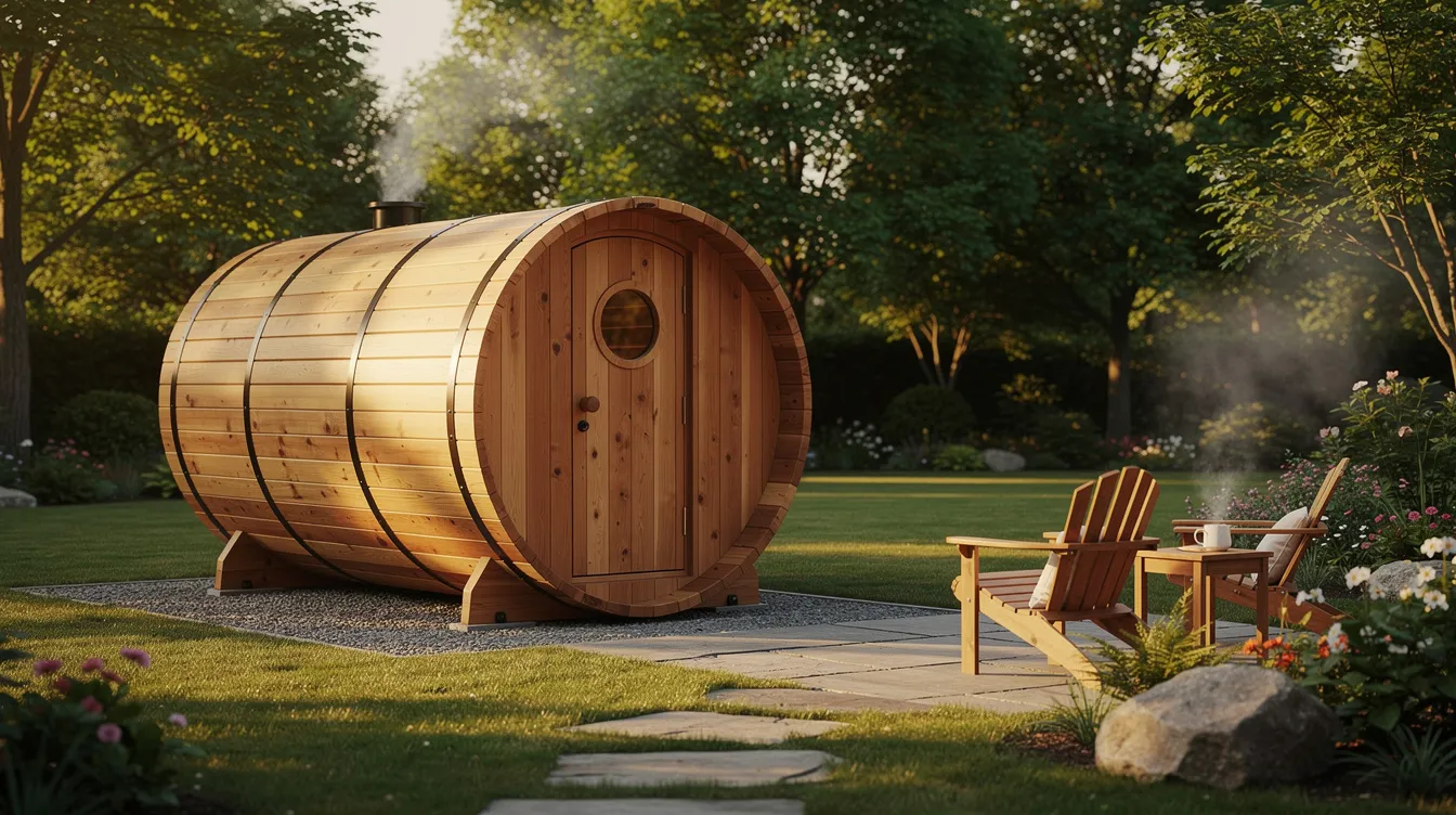The image depicts a wooden barrel sauna situated in a scenic backyard surrounded by lush trees, highlighting the charm of outdoor sauna installations. This setup represents a serene home wellness retreat, ideal for those considering the benefits of outdoor saunas compared to indoor models.