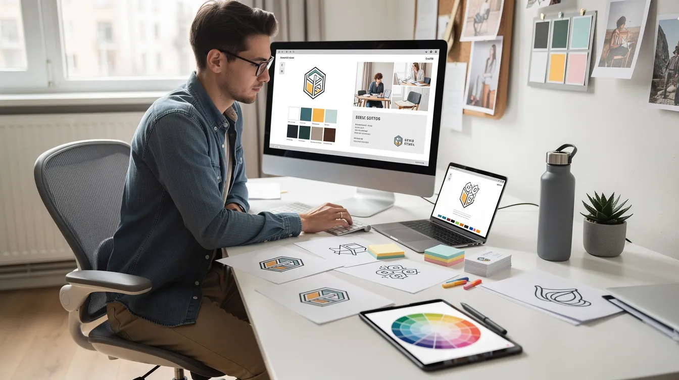The image depicts a creative professional focused on developing brand design materials at a sleek, modern desk, emphasizing the importance of effective marketing strategies and brand consistency for business growth. This scene illustrates the strategic oversight needed in marketing leadership to achieve clear business goals and resonate with the target audience.