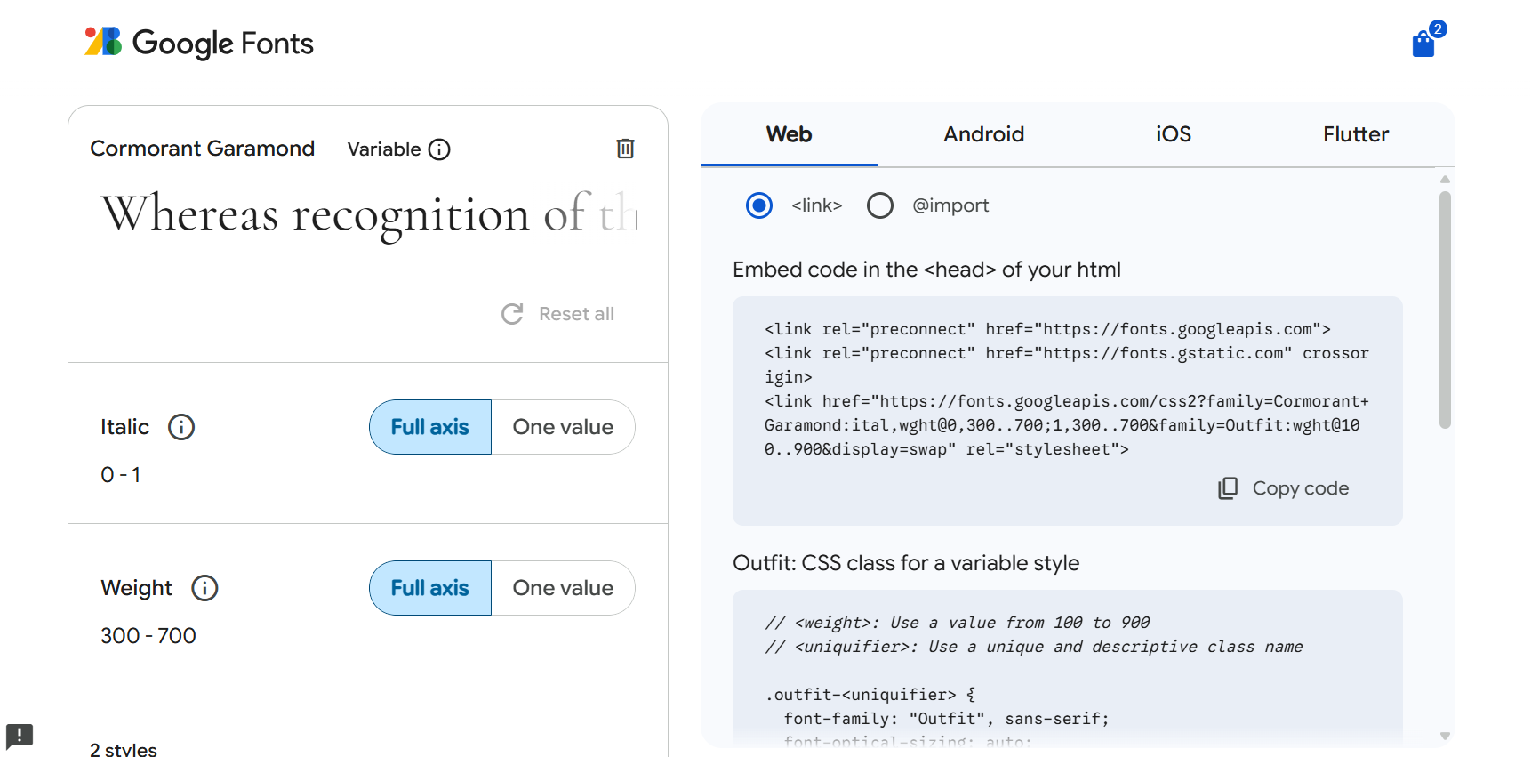 HTML fonts - A screenshot of Google Fonts Web tab sample1