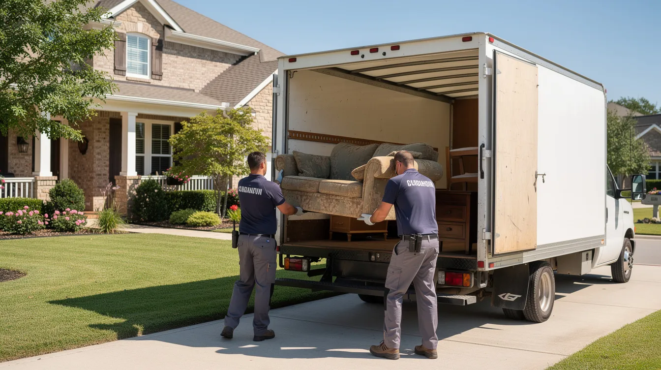 A professional junk removal crew is efficiently loading unwanted furniture into a truck outside a residential home, showcasing their commitment to providing stress-free junk removal services. This dedicated team ensures timely removal of clutter, contributing to a cleaner environment for homeowners in Connecticut.
