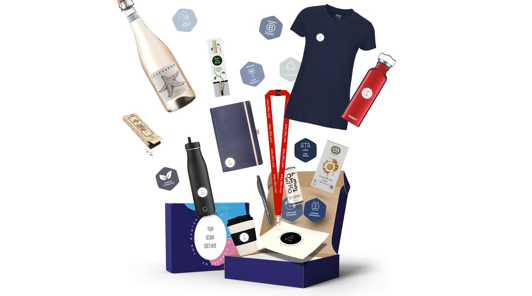 A collection of personalised sustainable gifts flying into a gift box