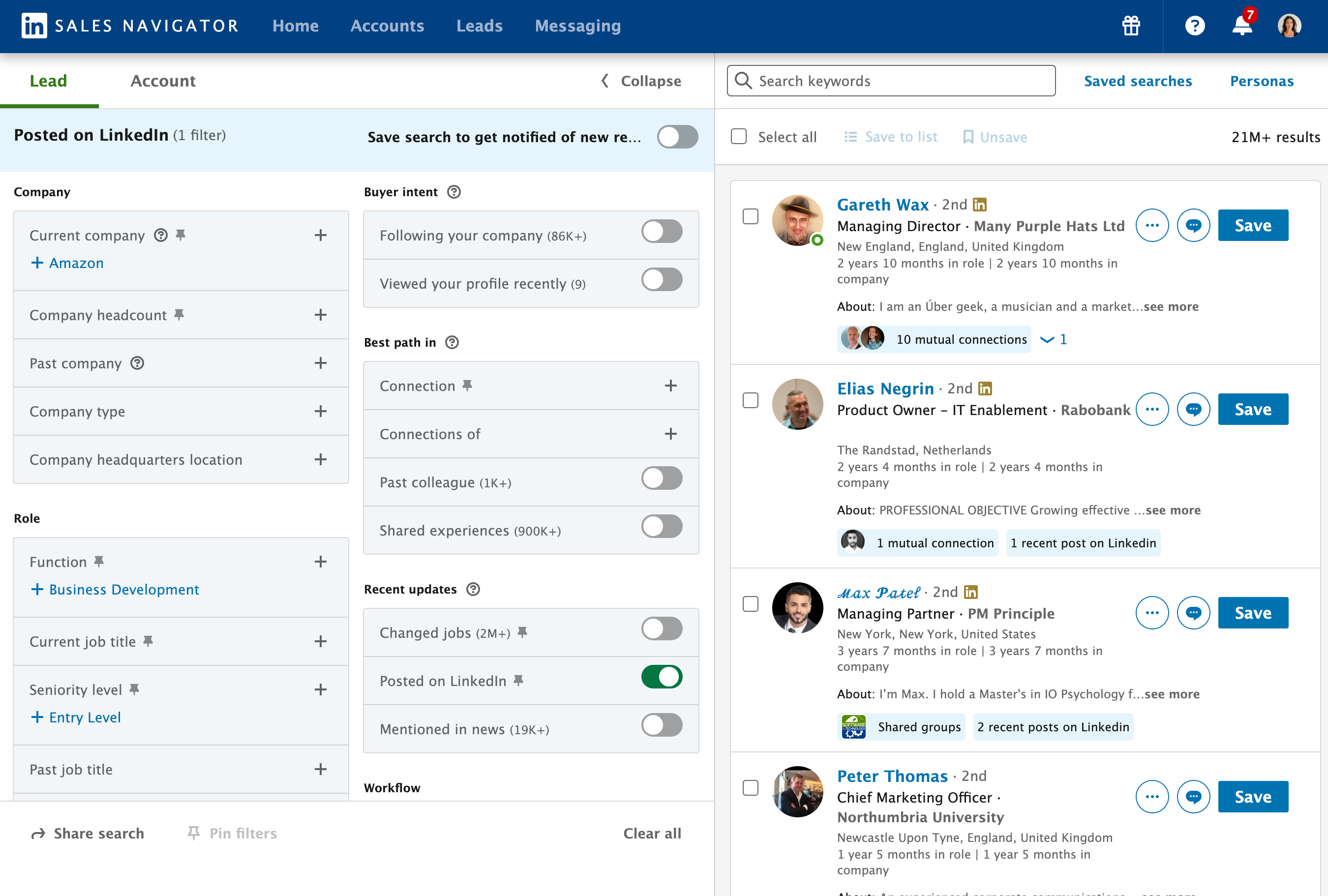 Sales Navigator's advanced search filters help identify high-intent prospects