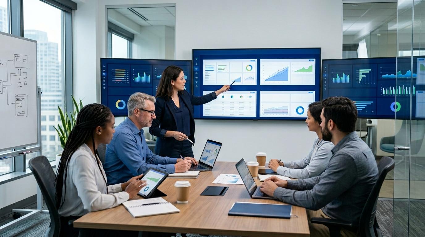 Professional team of learning and IT specialists analyzing multiple cloud-based virtual lab platforms on large screens, comparing training experiences, scalability, browser access, and performance metrics.