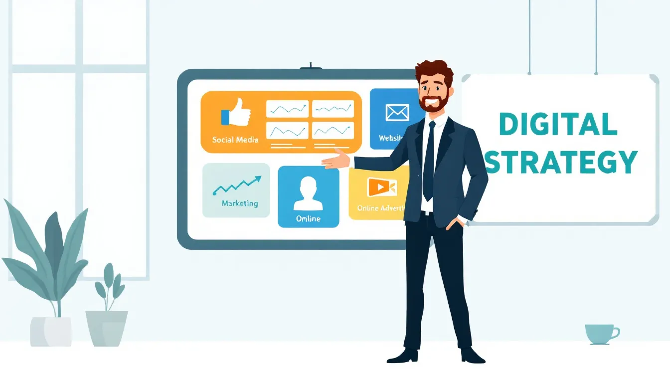 The image illustrates the importance of a digital strategy for businesses in the digital age, highlighting various elements such as digital transformation initiatives, leveraging digital technologies, and adapting to emerging market trends. It emphasizes how a good digital business strategy can enhance customer engagement and operational efficiency, ultimately leading to successful business outcomes.