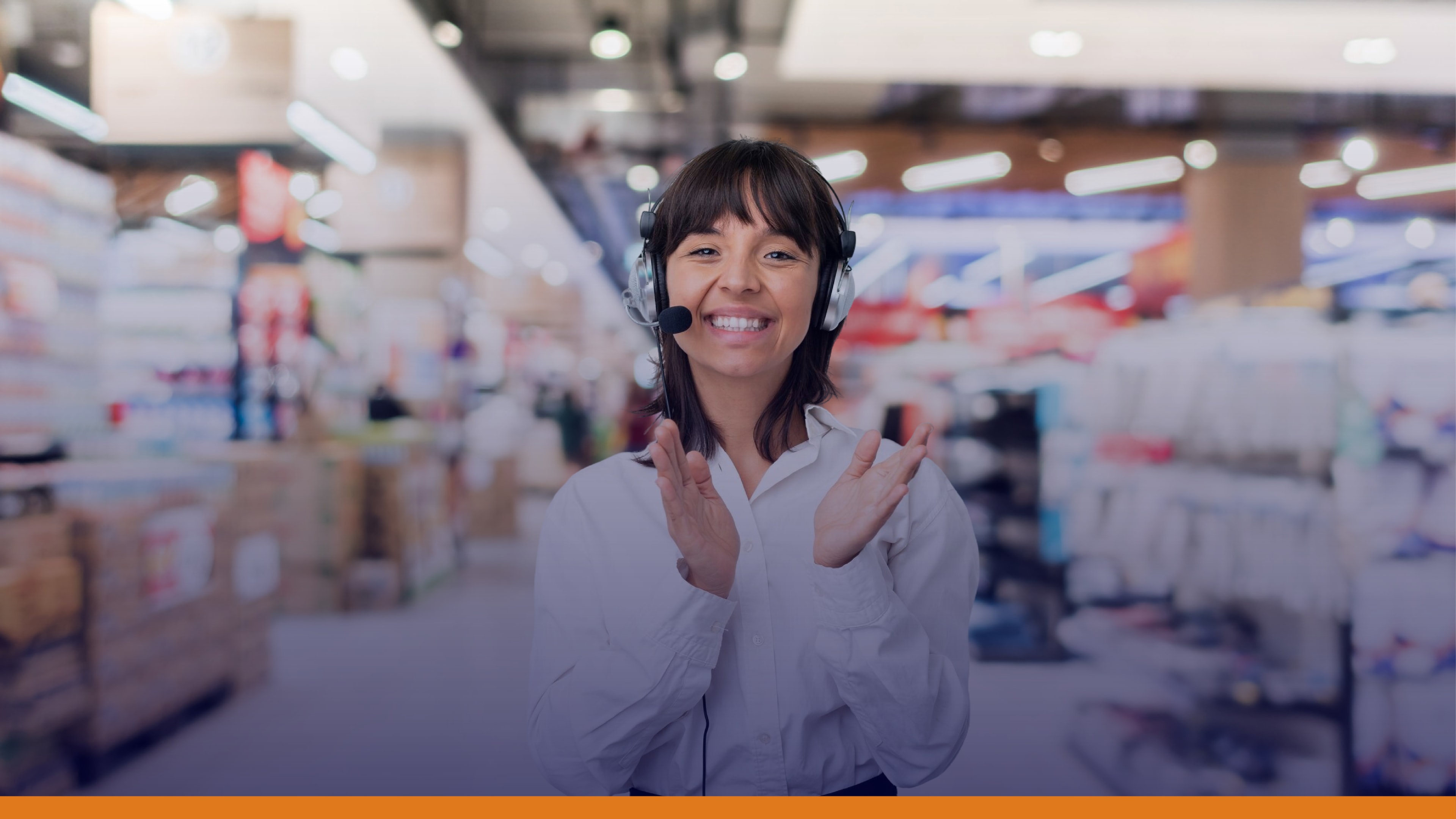 Retail employee in a headset smiling on the sales floor, reinforcing customer trust across different markets.