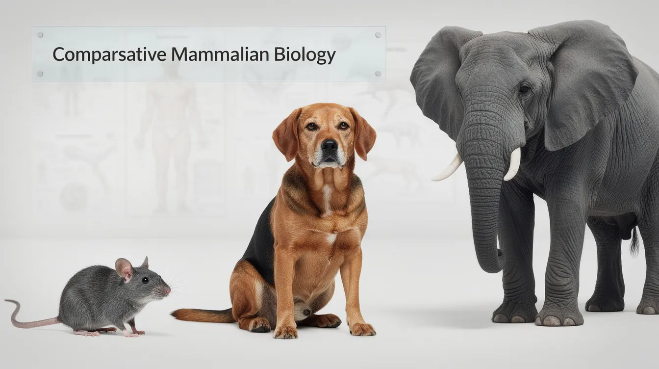 The image depicts a mouse, dog, and elephant gathered together, symbolizing comparative biology research in mammals. This visual representation highlights the diversity in species characteristics and biological aging processes, such as epigenetic age and DNA methylation, which are crucial for understanding mortality risk and the aging clock theory.