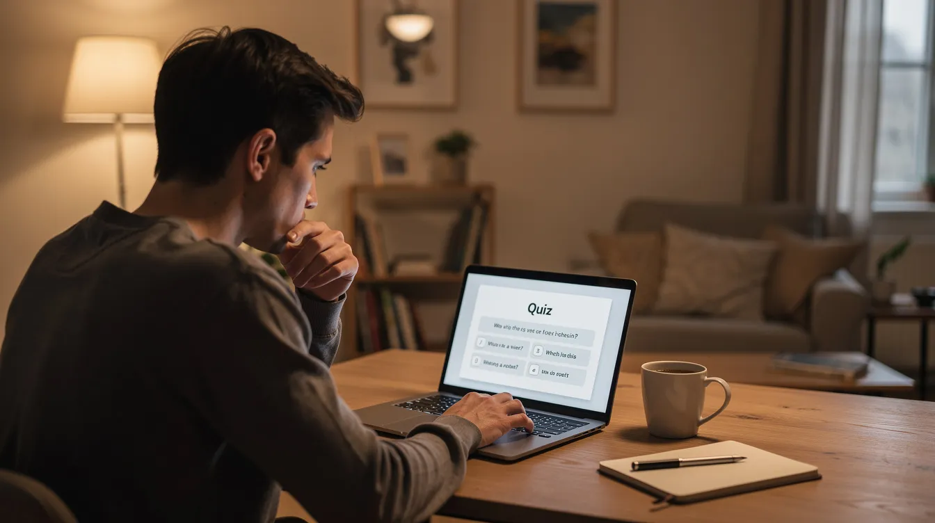 A person is sitting comfortably at a table in a cozy home, focused on taking a quiz on their laptop, which is likely related to exploring relationships and compatibility scores. The warm atmosphere suggests a fun way to connect with their interests and perhaps discover their perfect match or true love.