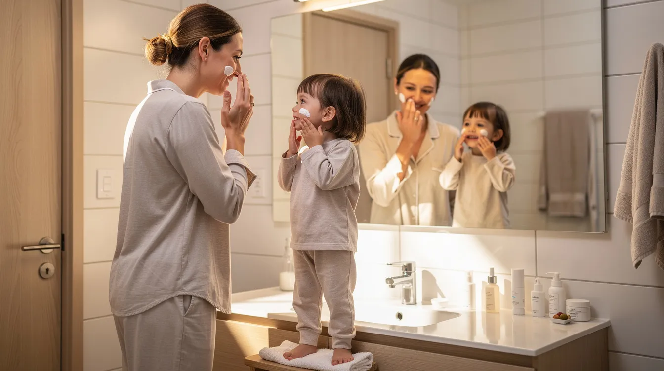 A parent and child stand side by side at a bathroom mirror, both engaged in their skincare routines using simple products like a gentle cleanser and moisturizer. They are focused on maintaining healthy skin, with the child learning about the importance of removing dead skin cells and protecting their young skin with daily sunscreen.