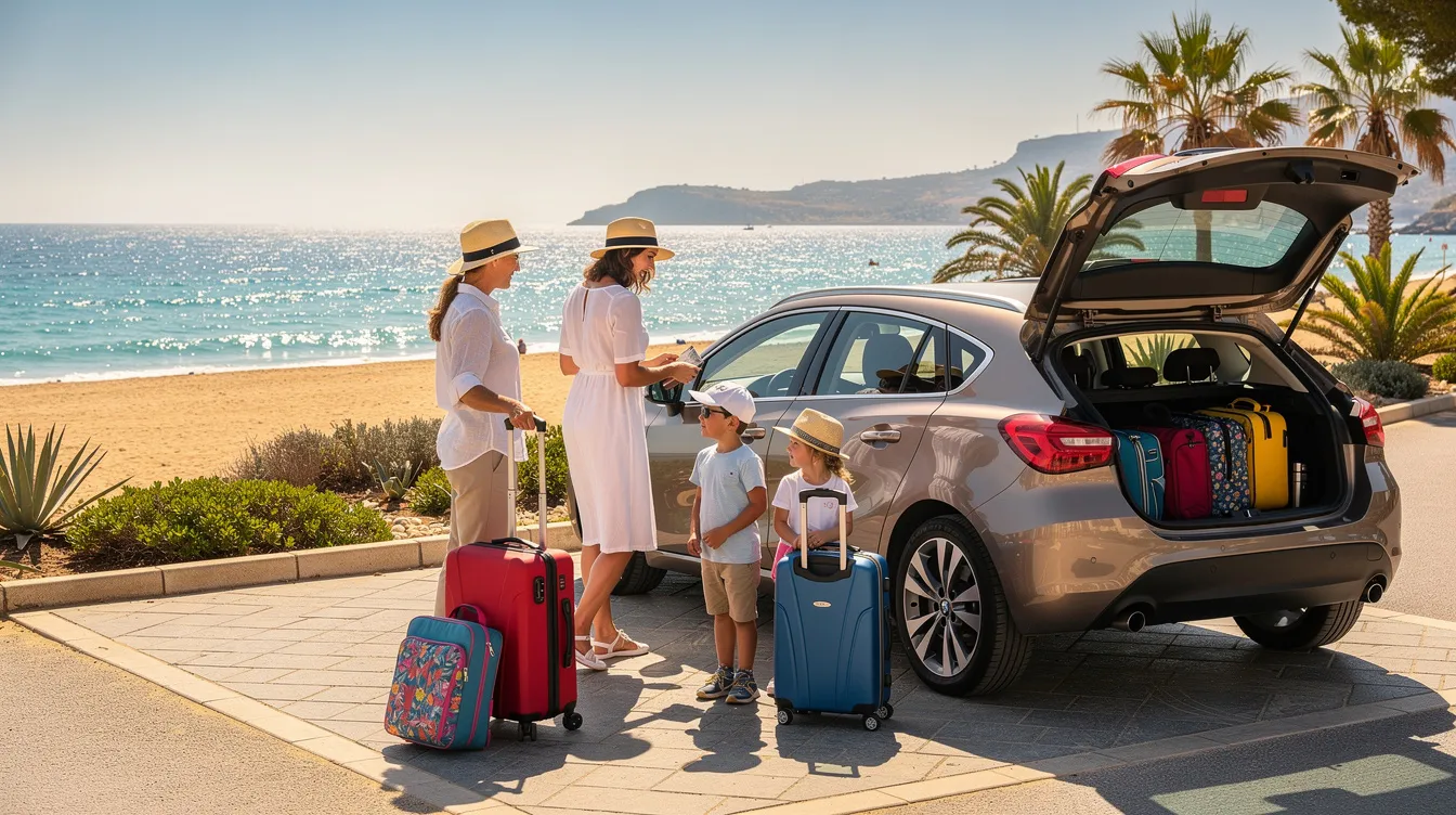 Famille à côté d'une voiture de location avec des valises devant une plage méditerranéenne ensoleillée.