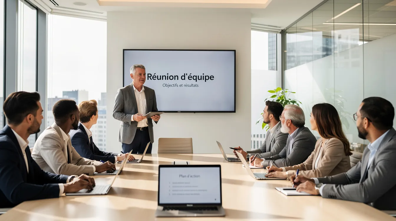 Un manager parle avec assurance devant une équipe réunie autour d'une grande table, dans un cadre professionnel lumineux, illustrant l'importance de la confiance en soi au travail. Les membres de l'équipe écoutent attentivement, créant une atmosphère propice au développement personnel et à la collaboration.