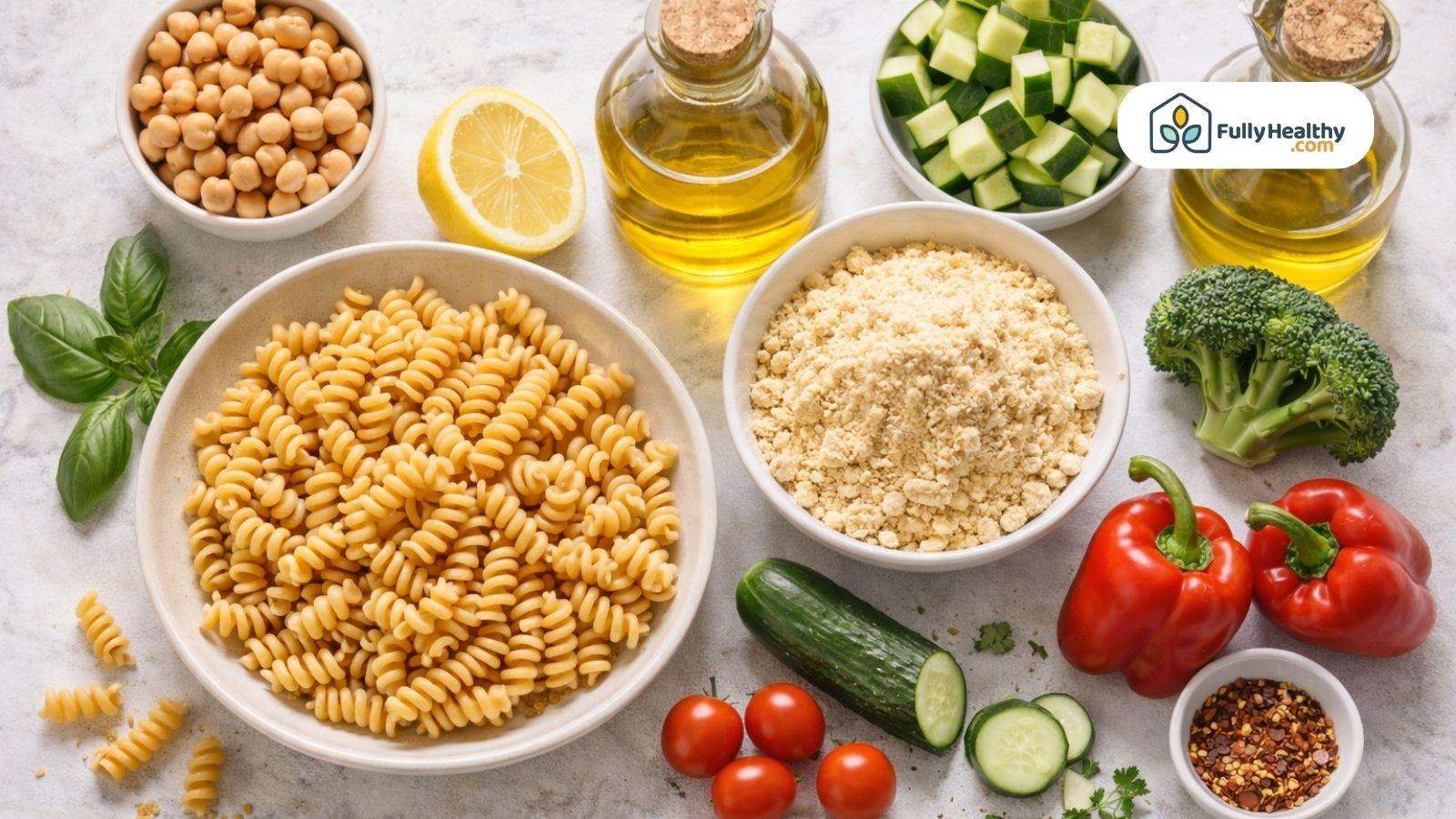 Chickpea pasta ingredients chickpea flour vegetables olive oil fresh prep