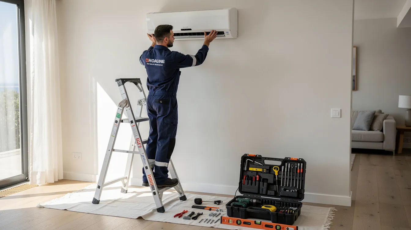 A professional HVAC technician in clean workwear is carefully mounting a mini split air conditioner indoor unit on a white wall inside a bright Cape Town home, with tools neatly arranged nearby. This installation aims to enhance indoor air quality and provide efficient cooling for year-round comfort.