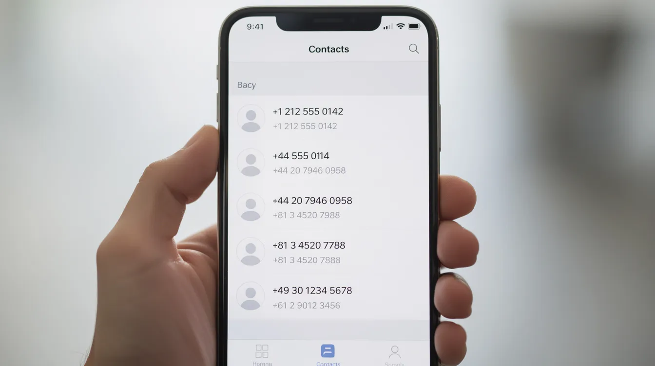The image displays a smartphone screen featuring a contact list filled with international phone numbers, including Polish phone numbers formatted with the Poland country code. The layout suggests ease of access for making calls or sending SMS, ideal for users needing to connect with contacts from various countries.