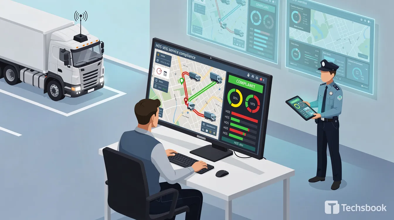 How Telematics Helps Fleets Pass Roadcheck: The image illustrates the concept of GPS tracking enhancing HOS (Hours of Service) compliance visibility for fleet managers, showcasing fleet vehicles equipped with telematics systems. A subtle watermark of Techsbook is present, emphasizing the importance of monitoring driver behavior and vehicle performance to ensure compliance with federal regulations and improve overall fleet safety.