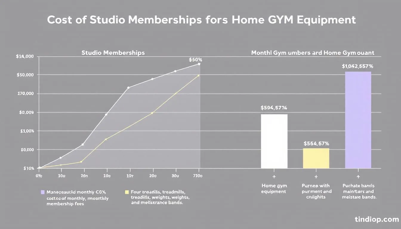 The image displays a chart comparing the costs of studio memberships versus purchasing a pilates reformer machine for home use over a five-year period. It highlights the financial benefits of investing in home workouts with pilates equipment, emphasizing affordability and convenience for those with limited space.