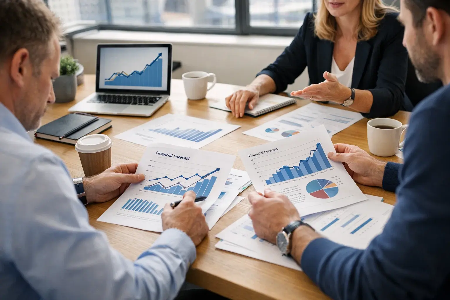 Business team reviewing financial forecasts and planning company growth strategy in an office meeting.