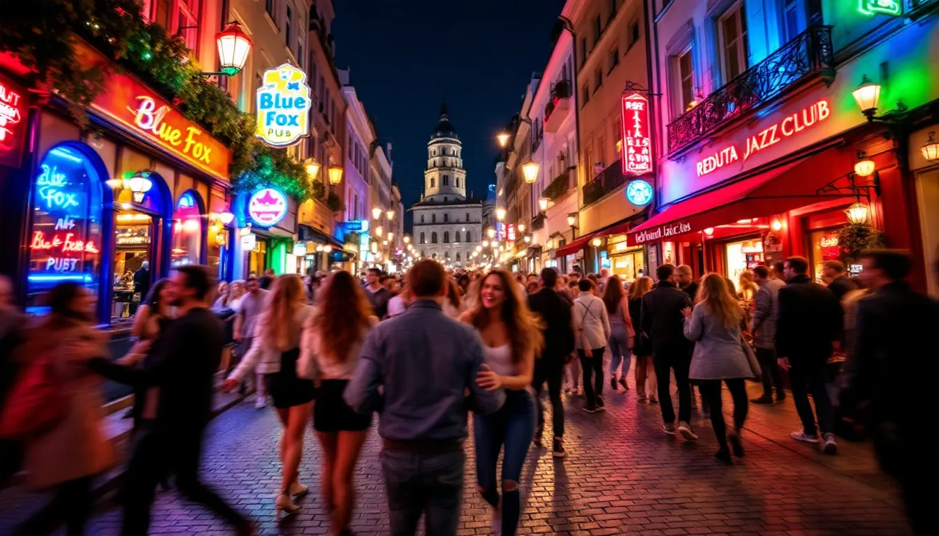 En livlig scene, der fremviser de bedste barer i den gamle bydel, perfekt til at nyde cocktails og øl.