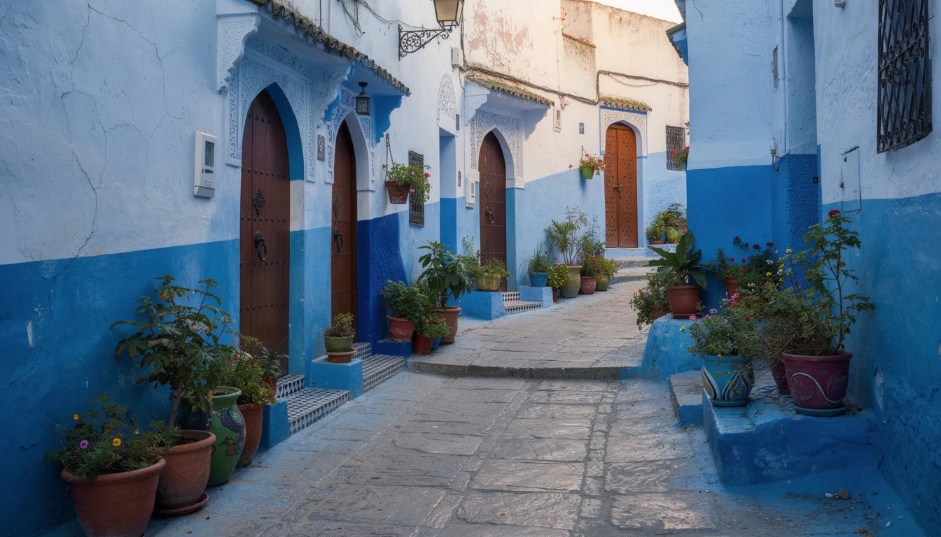 The image depicts a narrow street in Chefchaouen, Morocco, adorned with vibrant blue paint, potted plants, and traditional doorways, showcasing the cultural richness of the area. This picturesque scene is an inviting destination for Muslim travelers looking to explore unique holiday spots.