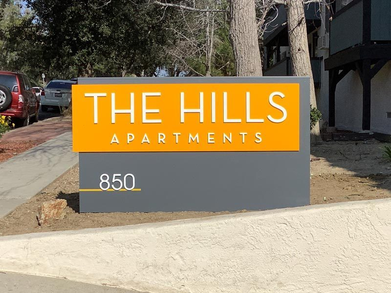 The Hills Apartments monument sign using dimensional letters in Thousand Oaks, CA.