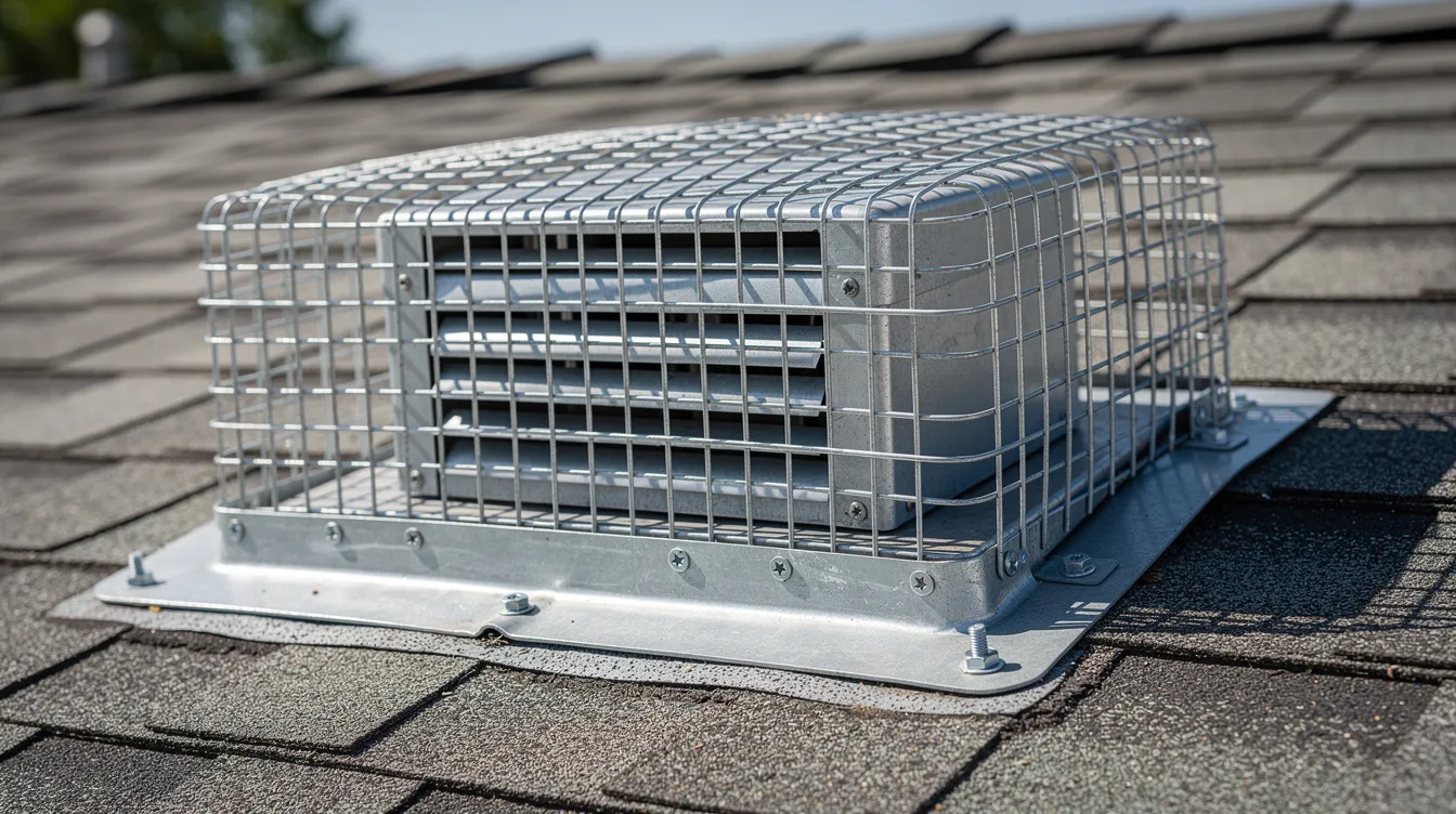 The image shows a sturdy metal mesh screening securely installed over a roof vent on a residential home, designed to prevent wildlife animals, such as raccoons and opossums, from entering the property. This humane method of wildlife control helps to seal entry points and protect the home from potential infestations.