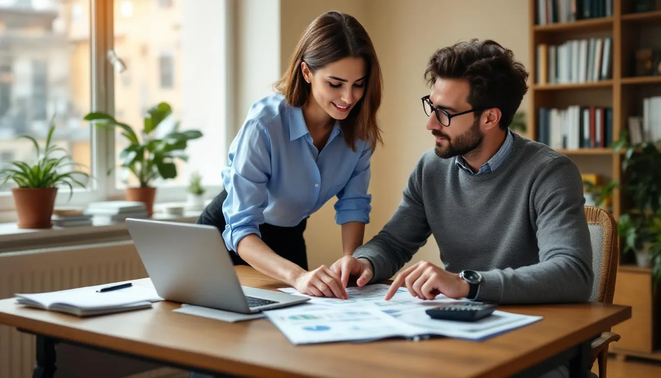 In the image, a small business owner is sitting at a desk, reviewing financial reports with their bookkeeper, who is providing professional assistance. They are discussing various accounting services and financial information, ensuring compliance with Australian tax law to support the business's growth and manage expenses effectively.