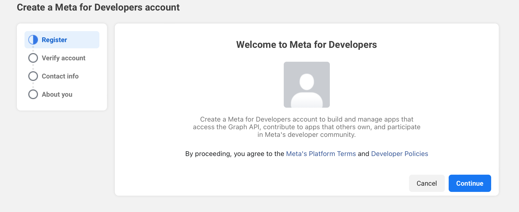 Registration tab for Meta for Developers. WhatsApp API setup.