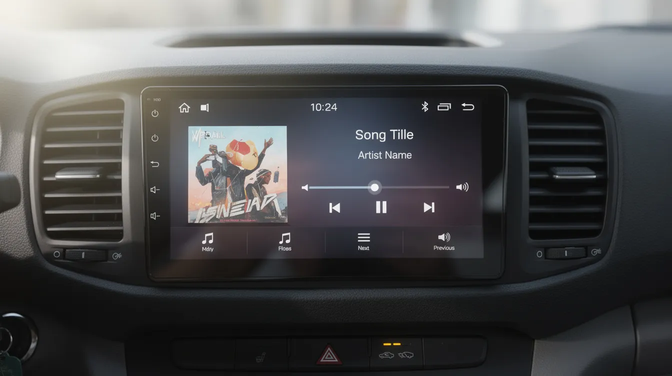 A close-up view of a double-DIN touchscreen head unit installed in a vehicle dashboard, displaying a music playback screen featuring a favorite song. This modern car audio system enhances sound quality and clarity, offering an improved audio experience compared to factory systems.