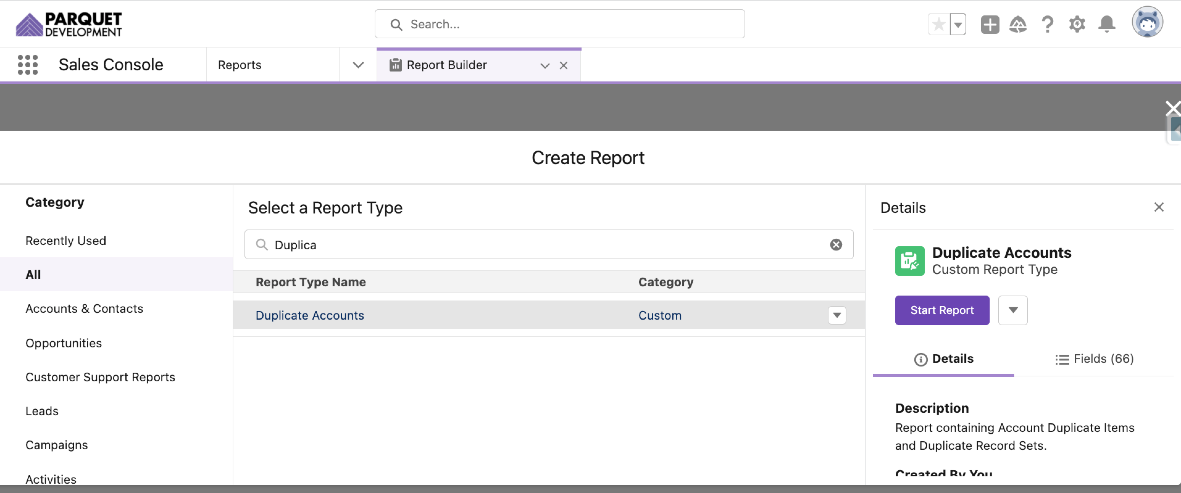 Screenshot of creating a new Salesforce Report