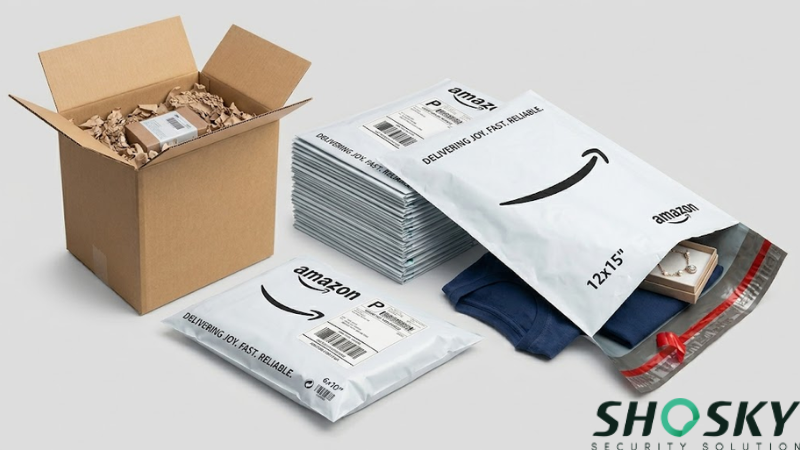 Caixa de papelão ondulado para envio ao lado de várias sacolas de envio de ótima qualidade da marca Amazon.