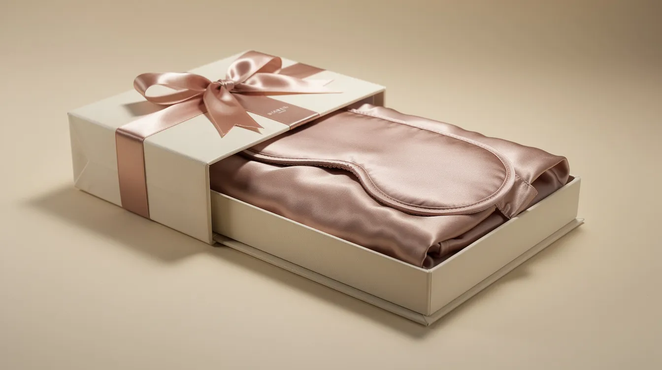 The image features an elegantly wrapped gift box containing a folded blush-colored silk pillowcase made from 100% mulberry silk, accompanied by a matching sleep mask, all designed to enhance beauty sleep and reduce frizz for smooth hair and glowing skin. The luxurious silk fabric is presented beautifully, making it the perfect gift for anyone seeking the benefits of high-quality silk pillowcases.
