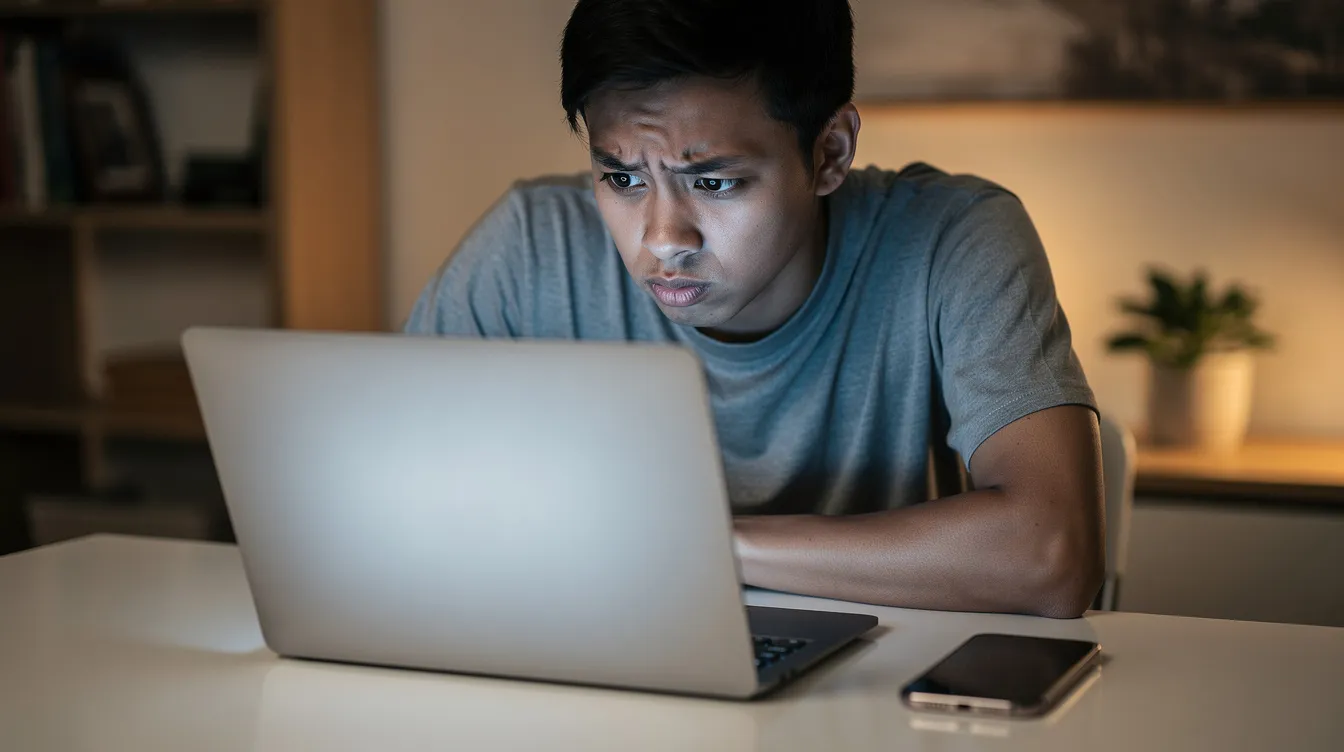 A person is sitting at a desk, looking cautiously at a laptop screen with a phone beside them, suggesting a focus on cybersecurity awareness training. This scene reflects the importance of being vigilant against cyber threats and understanding the need for effective cybersecurity practices in a digital environment.