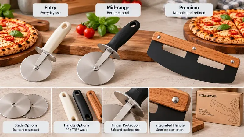 Entry, mid-range and premium pizza cutters displayed beside blade, handle and packaging samples.