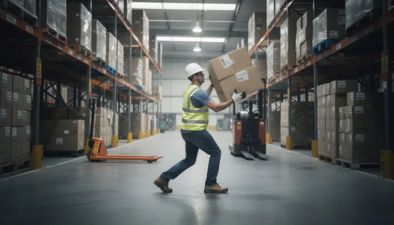 A warehouse worker is lifting heavy boxes in an industrial setting, showcasing the physical demands of the job. This image highlights the importance of proper safety measures and insurance coverage for workers in such environments, as they may face risks that could lead to insurance claims for injuries or property damage.