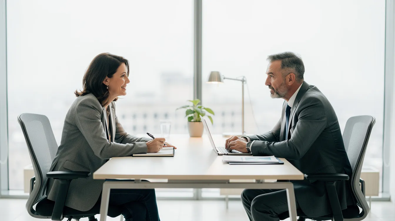 Un coach et un dirigeant discutent dans un espace de travail épuré, échangeant des idées sur les différents styles de leadership et la manière de guider efficacement leurs équipes vers la réussite. Leur conversation aborde des thèmes tels que la prise de décision, la confiance et l'importance d'adapter son approche en fonction des situations.
