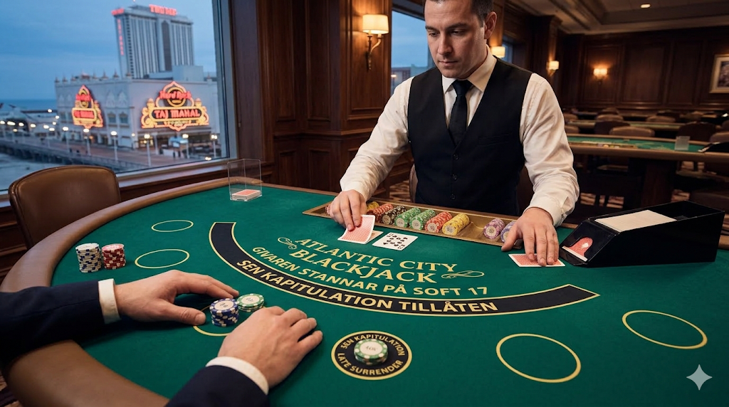 Blackjack live med Atlantic City regler där spelaren får två kort och spelar mot dealern i casino