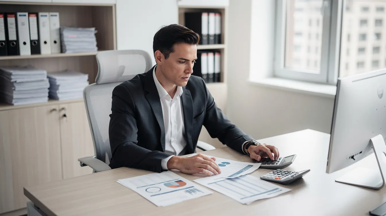 ca0b73cb 9198 4258 a17d bc251f828102 A professional is seated at an office desk, meticulously reviewing financial documents alongside a calculator, with stacks of paper files in the background. This scene reflects the careful planning and assessment often required for securing business loans, such as mudra loans, to support micro enterprises and enhance cash flow.