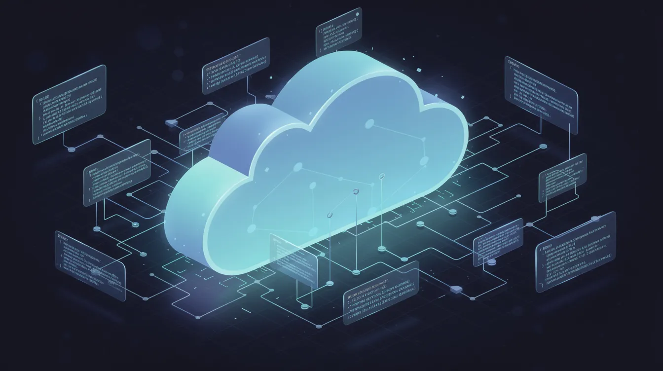 Die abstrakte Darstellung zeigt eine Wolke, die aus vernetzten Code-Bausteinen besteht, verbunden durch Linien, die an die Struktur von Quellcode erinnern. Diese visuelle Metapher symbolisiert die Integration von Technologien wie WordPress, JavaScript und CSS in moderne Webseiten.
