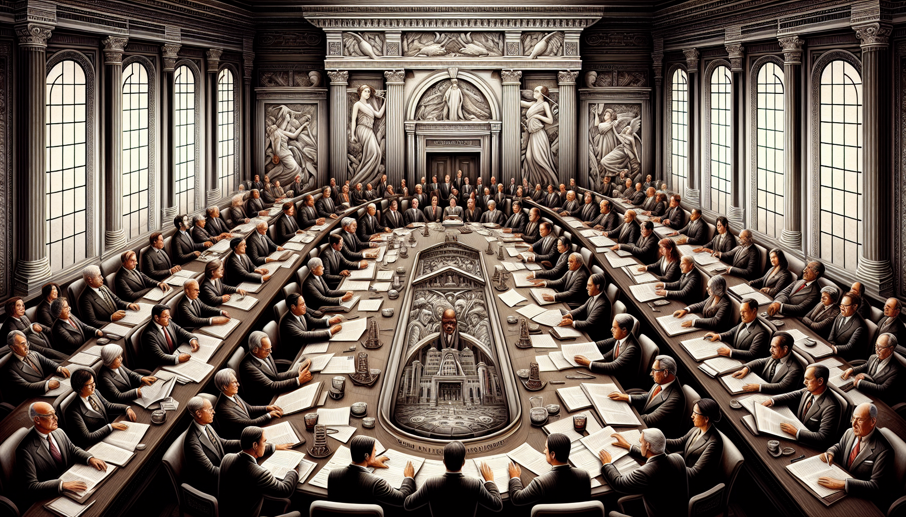 Ilustração de uma assembleia de acionistas em uma sociedade anônima (S/A)
