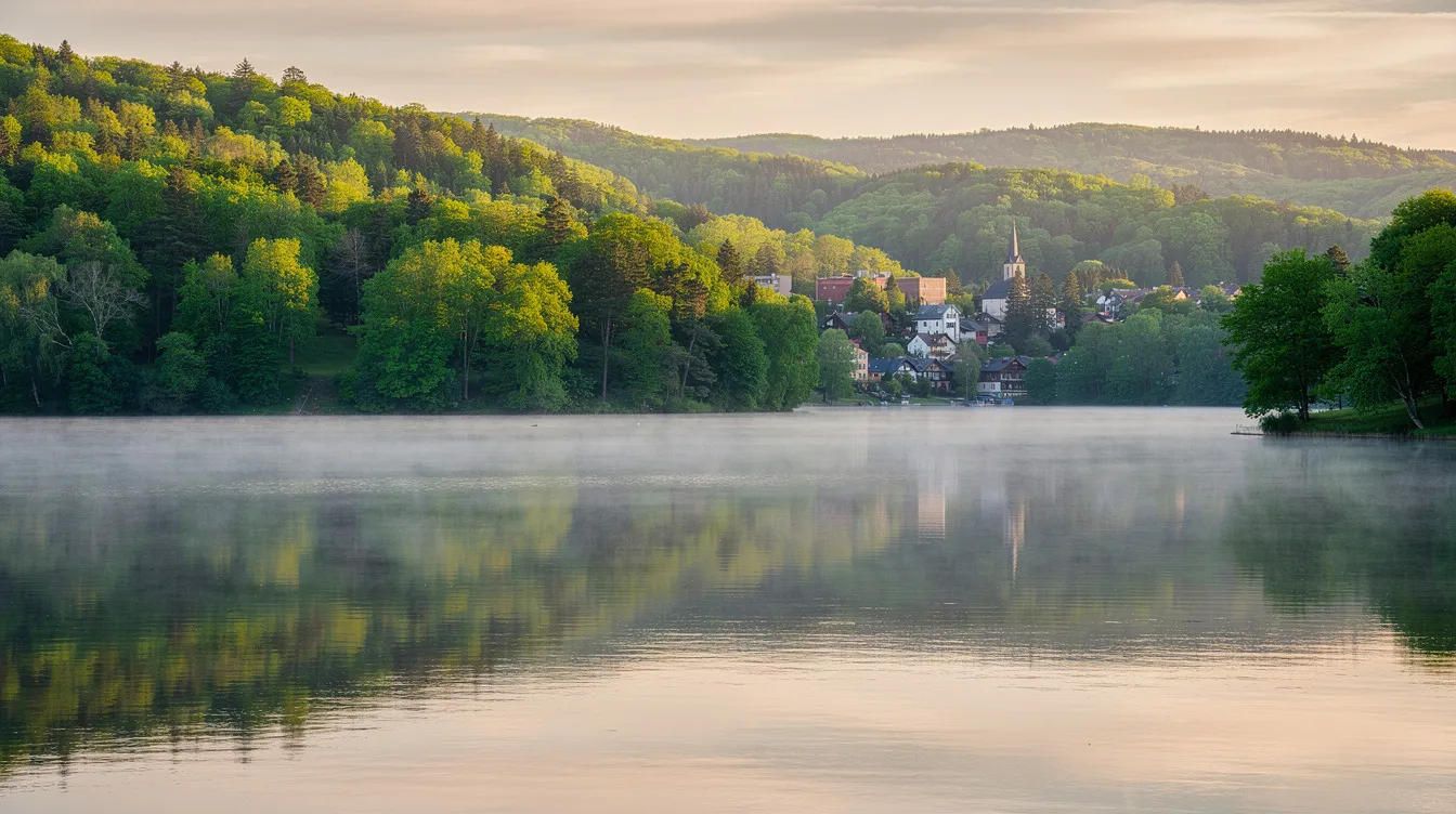 The image depicts a serene lake bordered by lush green forests, with a small Polish town visible along the shore in the distance, showcasing the tranquil beauty of rural areas in Poland. This picturesque setting highlights the charm of lesser-known towns in the Silesian and Warmian-Masurian Voivodeships, inviting visitors to explore the affordable lifestyle and natural wonders of the country.