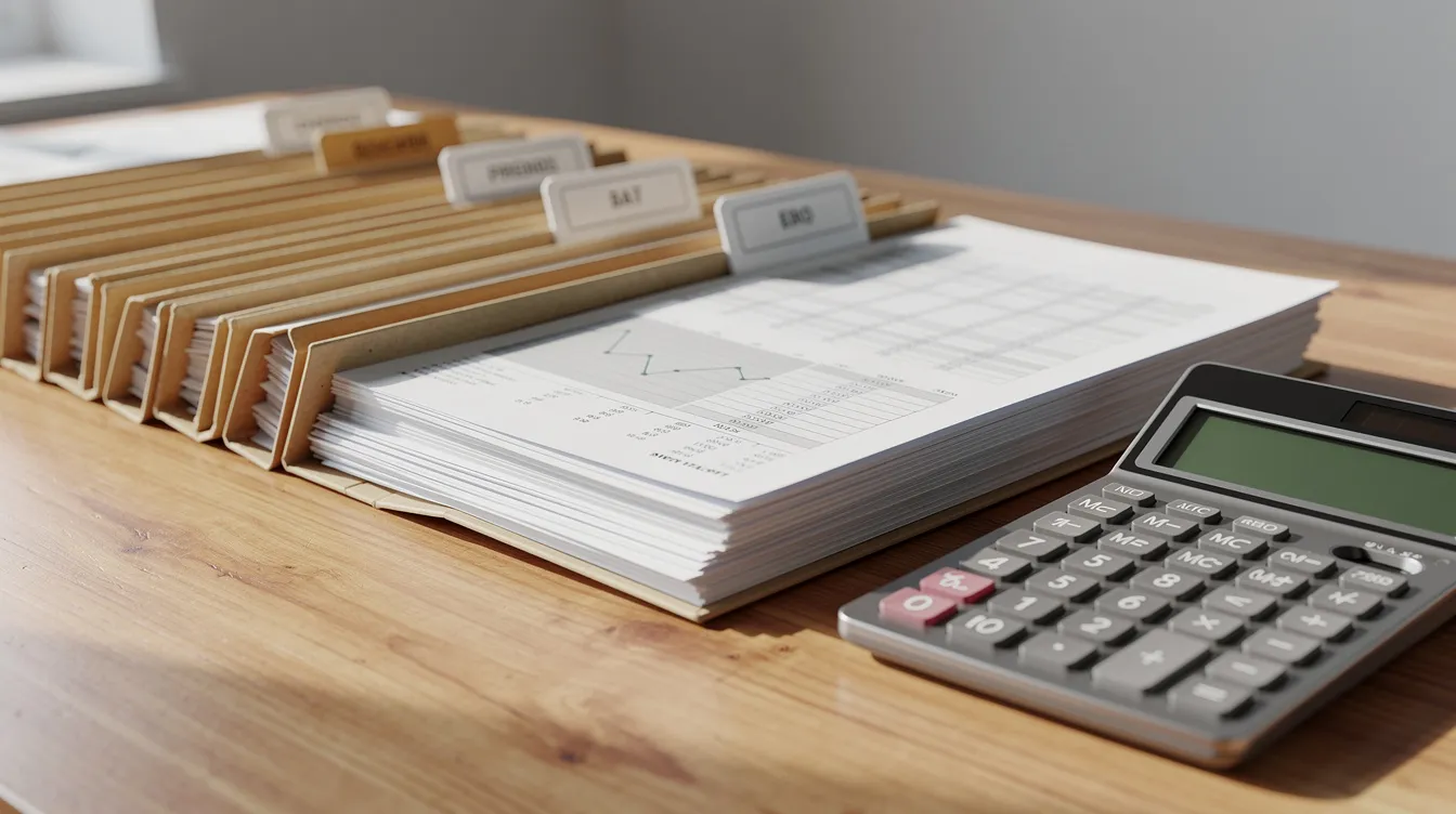 ca0e811a b86b 4abd 9ba4 a32c4e26c0a0 The image shows a wooden desk neatly organized with various documents and folders, alongside a calculator, representing the meticulousness required in business financing and loan processing, such as those for a mudra loan under the Pradhan Mantri Mudra Yojana. This setup reflects the essential paperwork needed for small business owners to apply for financial assistance from banks or financial institutions.