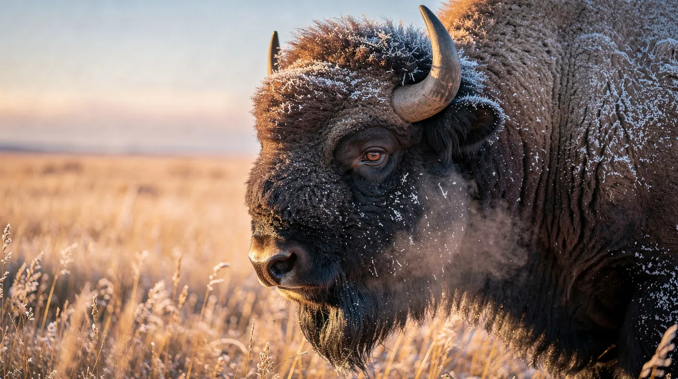 ca0e8731 f138 4e7c aa2c 61c2073382bd A close-up portrait of a bison, its fur dusted with frost, stands majestically in golden prairie grass illuminated by the soft light of early morning. This striking image captures the beauty of nature and is perfect for creating high-quality photo prints to cherish special moments.
