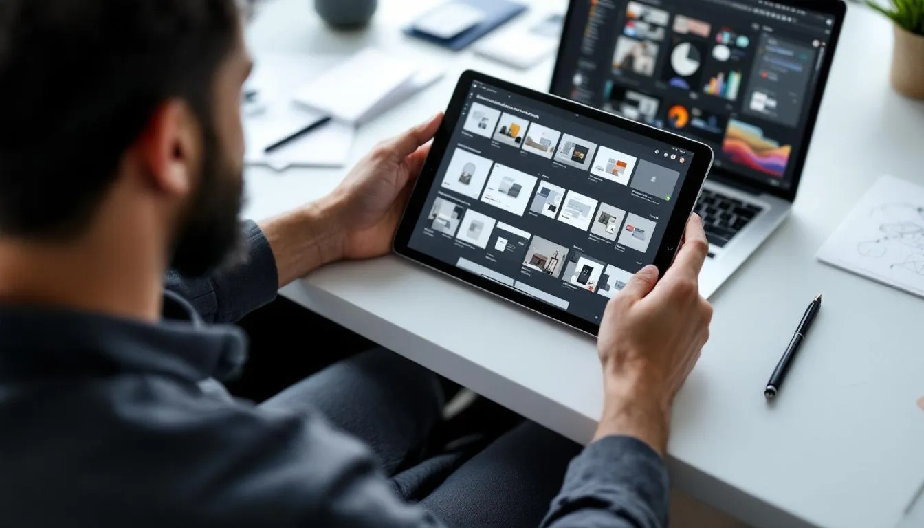 Une personne utilisant un iPad pour cr&eacute;er un portfolio pro.