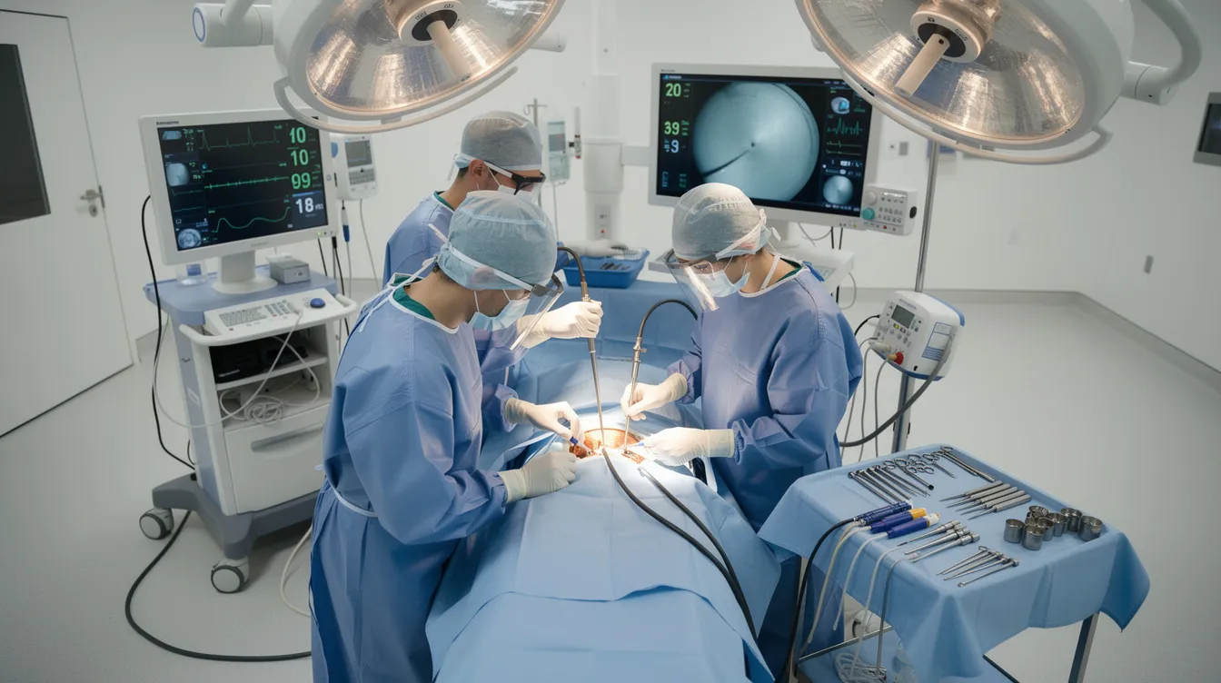 A surgical team is seen in a sterile operating room, performing a minimally invasive procedure on a patient to address loose skin and improve skin elasticity. The procedure utilizes radiofrequency energy to tighten the skin, aiming for a more youthful appearance with minimal downtime.