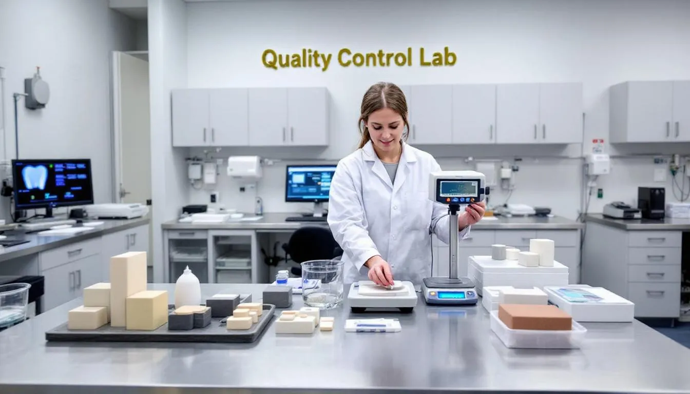 A quality control testing laboratory showcasing a variety of dental supplies and equipment, essential for the dental industry in the United Kingdom. The scene includes examination gloves and other everyday essentials used for infection control and quality assurance in dental practices.