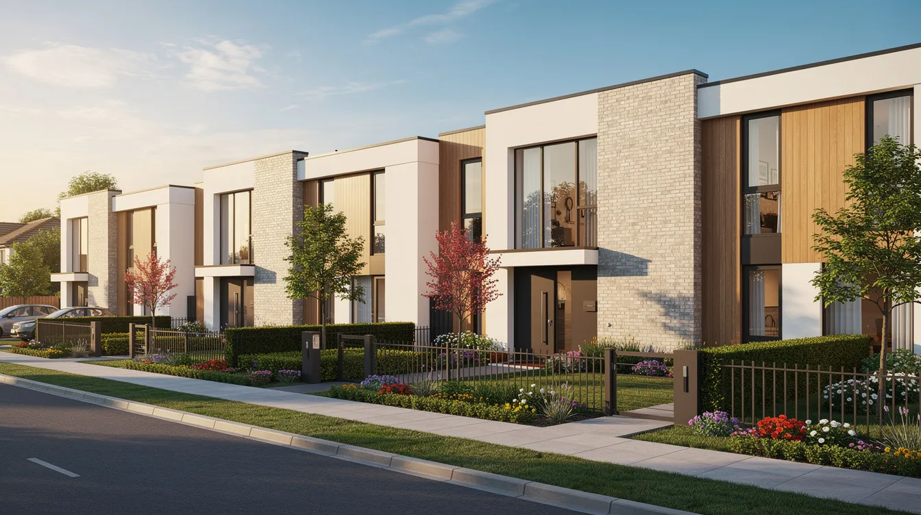 The image depicts a row of modern townhouses, each featuring well-maintained landscaped gardens, set in a serene suburban neighborhood. This scene represents the ideal investment property for real estate investors seeking appealing residential options in a community-oriented area.